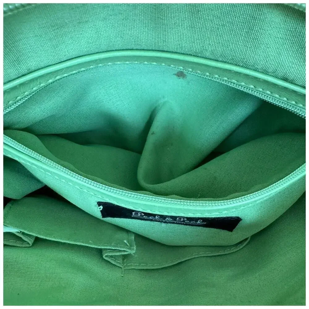 Peck & Peck Womens Satchel Handbag Green Leather Dual Handle Inner Pockets Zip